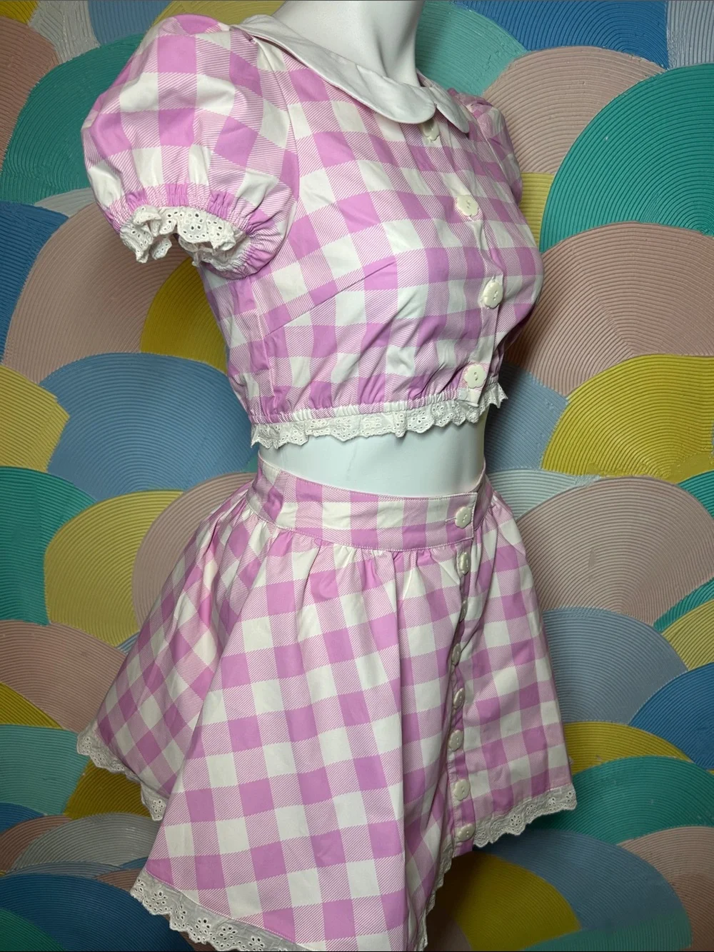 Sugar Thrillz Pink and White Gingham Crop Top & Skirt Set Sz S